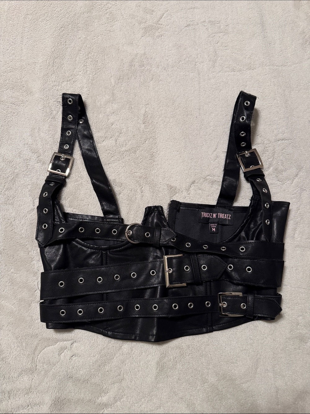 Trickz N Treatz Black Faux Leather Buckle Crop Top